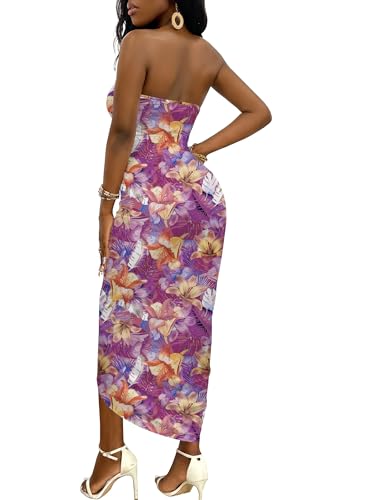 Image of Umenlele Women's Strapless Ruched High Waist Wrap Split Asymmetrical Beach Maxi Long Dress