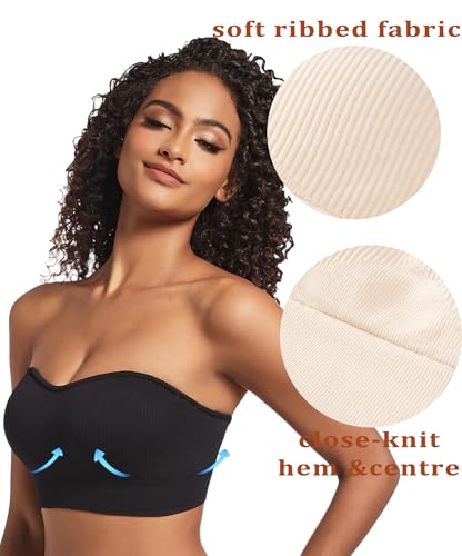 Image of PRETTYWELL Strapless Bra for Women Ribbed Seamless Non-Slip Comfort Padded Wireless Bandeau Bras Wireless Tube Top Bra