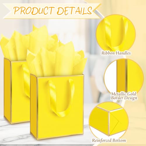Image of Yeaqee 24 Pack Metallic Paper Gift Bags, Yellow, Gold | with Satin Ribbon Handle and Tissue, 9x7x3.1 Inch, Suit Business, Birthday, Christmas, Thank You Return Gifts Bags