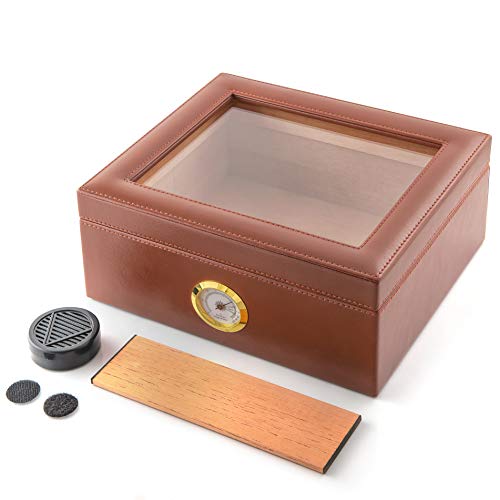 Amerigo Luxury Handcrafted Cigar Humidor - Leather Glass Top Cigar Box - Cigar Gifts for Men - Cigar Accessories - Humidor Humidifier with Cedar Core, Divider & Front Hygrometer - Holds 25-50 Cigars - Thumbnail 5