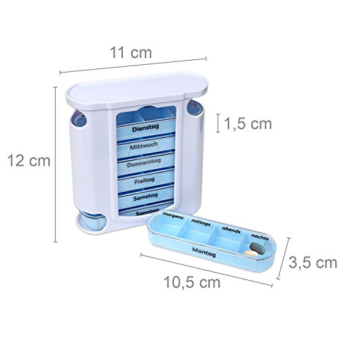 Schramm® pillendoos wit met blauwe schuiven, 7 dagen pillen/tablettendoos tablettenvak pillendoosje pillendoos tablettenbox pillenbox pillen weekdispenser - Afbeelding 6