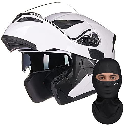 Ilm Motorcycle Dual Visor Flip Up Modular Full Face Helmet (M, White) And Ski Balaclava Face Mask #TOP13