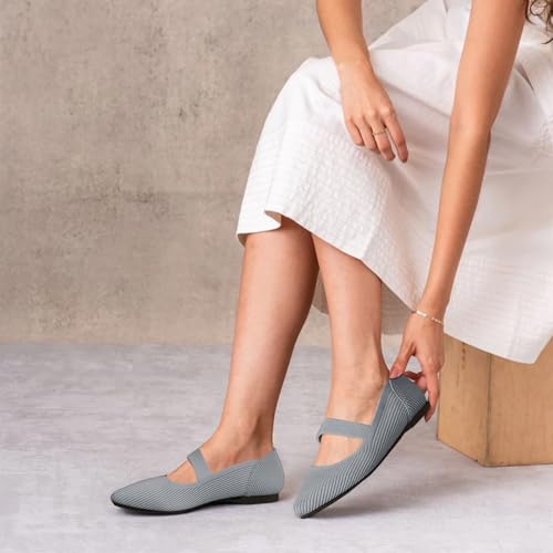 Image of TINGRISE Women's Flats Shoes Pointed Toe Knit Washable Ballet Comfortable Dressy Mary Jane Flat