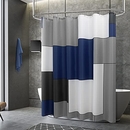 Modern Bathroom Shower Curtain, Blue Polyester Bath Curtain Set with 12 Hooks, Water Repellent Shower Curtains Decorative Farmhouse Hotel Heavy Weighted Waffle Weave Fabric Curtains, 72 x 72, Navy