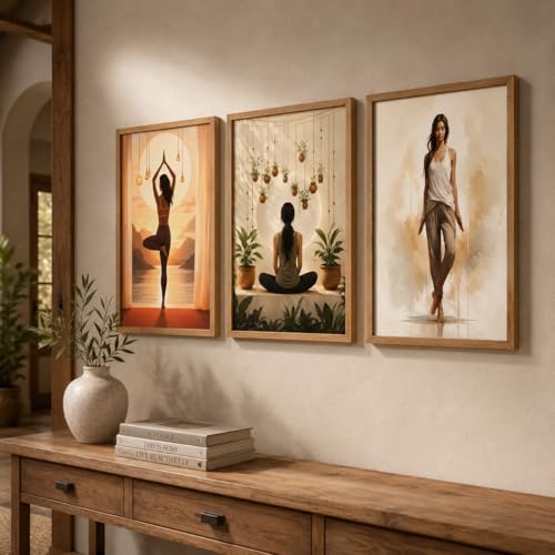 Image of Livin'luxe Set of 3 Yoga Meditation Women Wall Paintings for Living Room Bedroom Home Decor with Premium Wooden Color Synthetic Frame (25.5 x 19.5 Inch) NM03-65