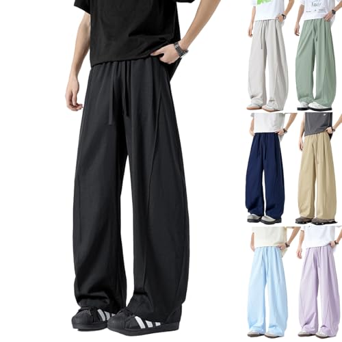 Baggy Pants Men, Wide Leg High Waisted Drawstring Ice Silk Pant with Pockets Casual Y2k Loose Streetwear Trousers