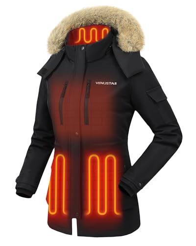 Venustas Women's Heated Parka Jacket with Battery, Heated Coat with Detachable Faux Fur Hood