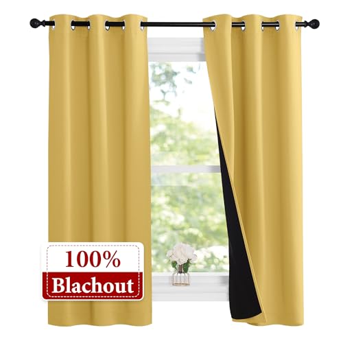 Image of NICETOWN 100% Blackout Short Curtains with Black Liners, 2 Panels, 37 inch W by 50 inch L, Bright Yellow, Thermal Insulated Full Blackout 2-Layer Lined Drapes, Energy Efficiency Window Draperies for Bedroom