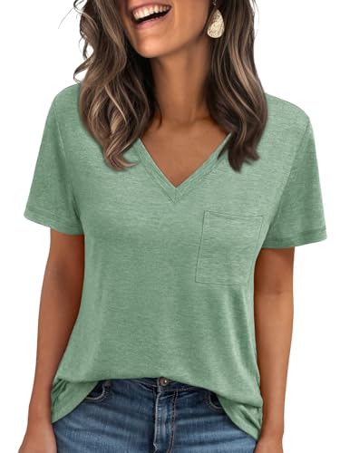 AUTOMET Women‘s V-Neck Pocket Tee, Short Sleeve Loose Fit Basic Top for Spring Summer, Everyday Beach & Travel LightGreen L