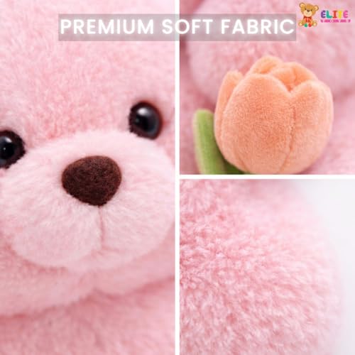 Image of ELITE CREATIONS Pink Teddy Bear with Flower 30 cm | Small Plush Teddy Bear Soft Toy | Huggable Stuffed Bear for Kids Girls | Birthday Gift Toy