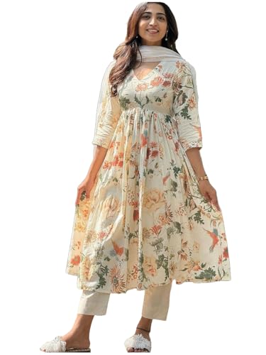GoSriKi Women's Rayon Blend Printed Anarkali Kurta with Pant & Du...