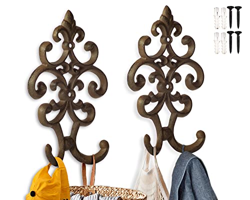 Comfify Cast Iron Vintage Double Wall Mounted Hooks | Decorative Antique Wall Mounted Hanger for Coats, Jackets and More | 7.75" x4.8” | with Screws and Anchors - Set of 2