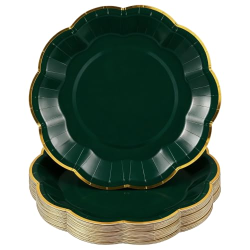 Image of 30 Pcs Green Plates with Gold Trim 9 Inch Scalloped Paper Dinner Plates
