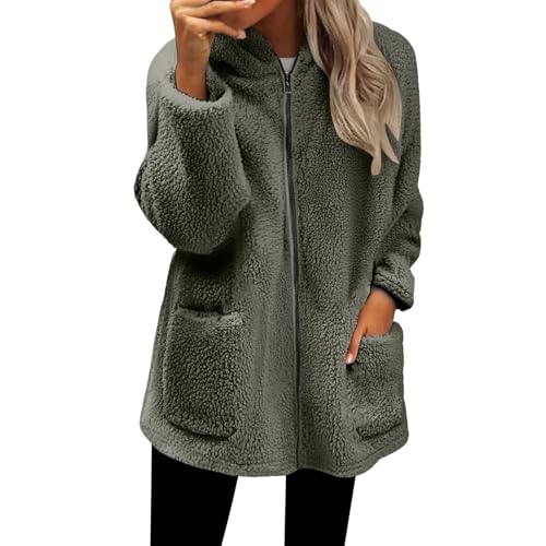 Womens Sherpa Jacket Fuzzy Zip Up Hoodie Oversized Fleece Jackets Fluffy Coat with Pockets Fall Winter Warm Outerwear