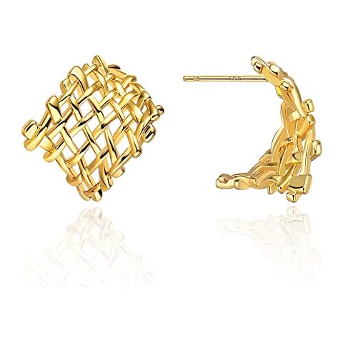LecAit Women's Gold Square Geometric Stud Earrings, 14k Gold Plated Woven Hollow Statements Earrings for Women, Punk Boho Earrings Cover