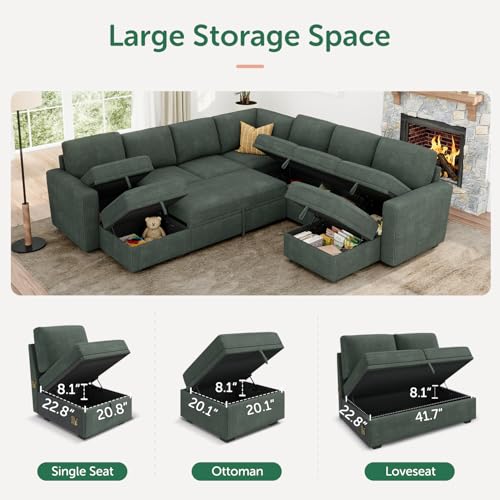 Image of HONBAY Modular Sectional Sleeper Sofa with Pull Out Couch, Corduroy Oversized Sectional Couches Pull Out Bed with U Shaped Sleeper Storage for Living Room - Green