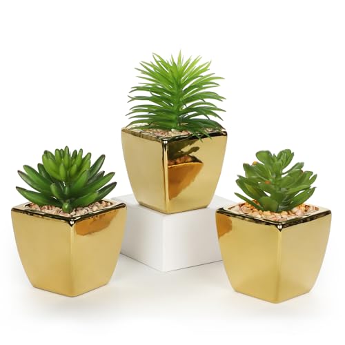 Image of Oairse Artificial Succulent Plants Series Fake Plants Succulents in Gold Ceramic Pot Set of 3 Faux Succulents Mini Potted Artificial Plant for Bathroom Shelf Kitchen Patio Home Office Table Decor