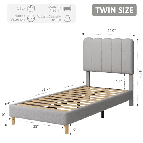 GarveeHome Twin Bed Frame, Boucle Upholstered Platform Bed with Wave Headboard for Girls/Boys/Kids, Easy Assembly, Wooden Slats Support, No Box Spring Needed, Grey