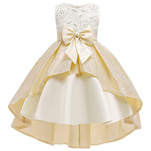 EIAY Shop 3-9T Girls Big Bowknot Lace Embroidery Beaded Flower Wedding Ball Gown Princess Dress for Toddler Beige 7-8 Years