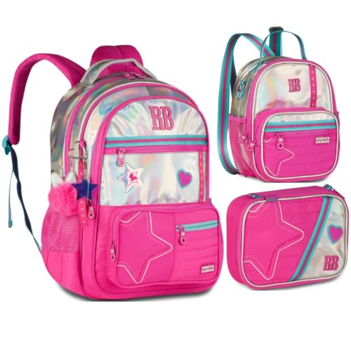 Kit Mochila de Costas Grande Holográfica Oficial Rebecca Bonbon Lancheira Estojo RB27017 (ROSA)