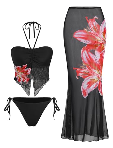 Image of ZAFUL Women 3 Piece Bikini with Cover Up Skirt Halter Bandeau Swimsuit Floral Tie Side Cheeky Bathing Suit
