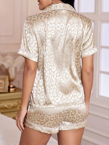 OYOANGLE Women's 2 Piece Leopard Satin Pajama Set Button Down Shirt and Shorts Pjs Sleepwear2