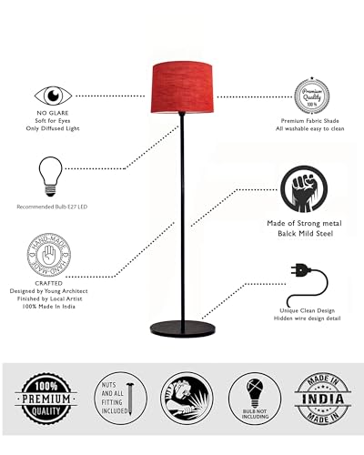Image of Homesake Modern Floor Lamp for Living Room Traditional Farmhouse Boho Floor Lamp Mid-Century Pole Lamp with Linen Lamp Shade Modern Bohemian Corner Lamp for Living Room Bedroom Office (Red)