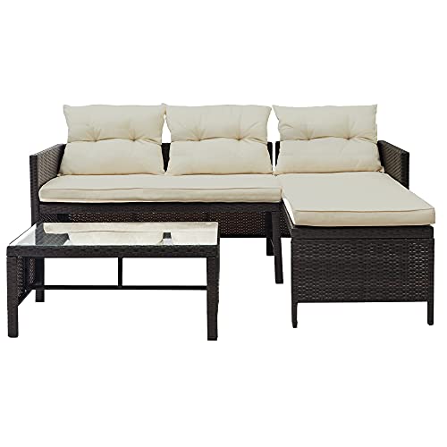 El juego de 3 muebles de ratán para patio al aire libre incluye 1 sofá, 1 salón, 1 mesa de café con cojines beige