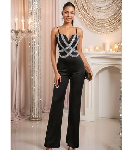 Image of Jigfar Women Sexy Sparkly Rhinestone Spaghetti Straps Bodycon Jumpsuit Wide Leg Deep V Neck Party Club Night Outfit(FK3388,Black,L)