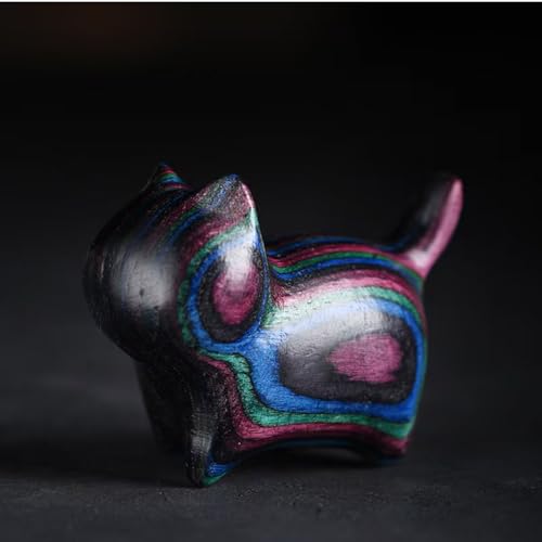 Estatua pequeña de gato tallada en madera negra y morada miniatura 1