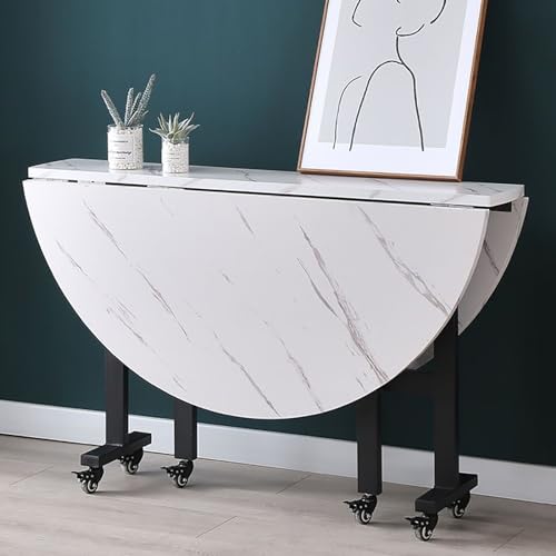 Mesa de comedor plegable redonda, mesa de cocina con hojas caídas para espacios pequeños, mesa de mariposa extensible sobre 6 ruedas, marco de acero al carbono, escritorio de comedor plegable versátil