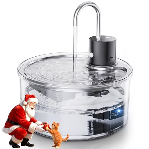 Wireless Cat Water Fountain Glass - 108oz/3.2L Automatic Ultra-Quiet Cat Water Fountain Cordless, Glass Battery Operated Pet Fountain Rechargeable Water Dispenser for Cats, Puppy, Multiple Pets