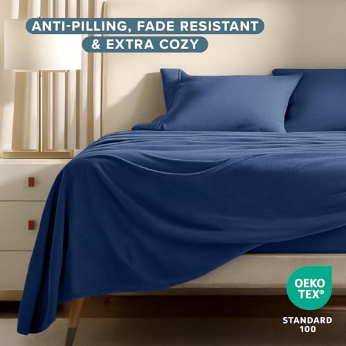 Image of Bare Home Super Soft Fleece Sheet Set (Queen, Dark Blue) | Extra Plush Polar Fleece, No-Pilling Bed Sheets, All-Season, Cozy Warmth, Deep Pockets 6 to 15 Inches