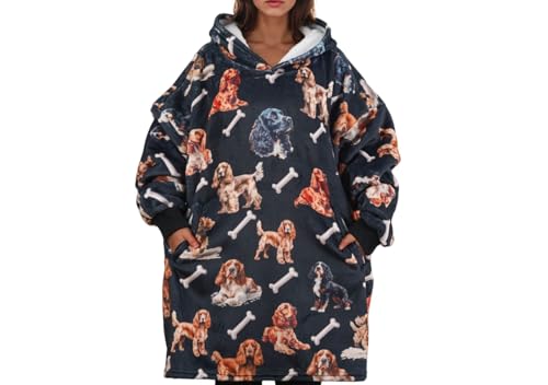 Cocker Spaniel Gifts for Women & Men, Cocker Spaniel Themed Wearable Flannel Blanket Hoodie, Oversized Hooded Sweatshirt, One Size, Black