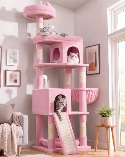Image of Globlazer S72 Heavy Duty Cat Trees for Large Cats, Sturdy 72in Maine Coon Cat Tree for Large Cat 20 lbs+ Heavy Duty Cat Tower for Adult Biggest Cats with 6 Scratching Posts, Hammock, Pink