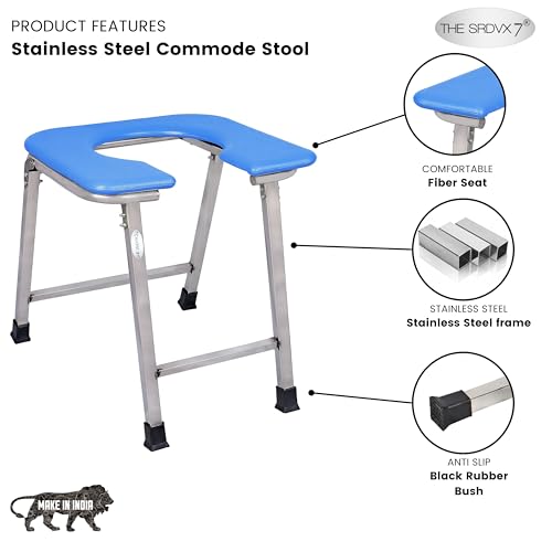 Image of Stainless Steel Premium Folding Shower Bathing Room Mobile Commode Stool Indian Toilet Seat for Elderly Disabled Men and Pregant Women Support Safe Chair Anti-Slip (Blue)