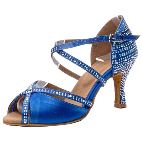 Dancing Shoes for Woman Latin Dance Shoes Women Salsa Tango Ballroom Party Women Shoes Rhinestone Heeled Sandals(Indoor Blue 6cm,41)