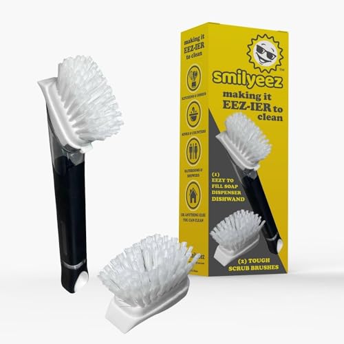Image of The Original Smiling Handle with Soap Dispensing for Scrub Daddy Sponges & Scrub Moji Sponges with Smilyeez Smile Caddy & Dishwand with 2 Scrub Brushes (Black)