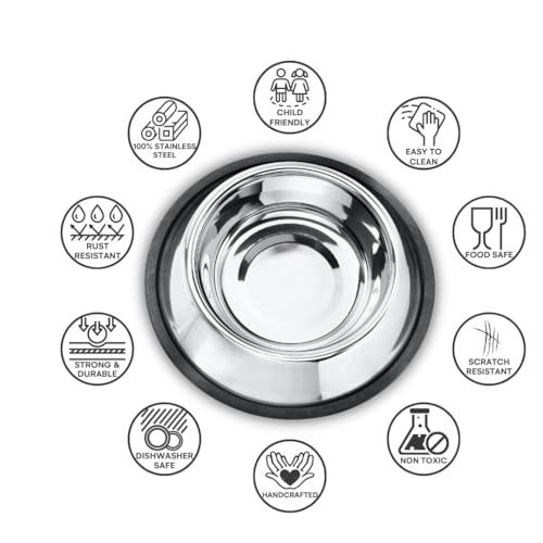 Image of Madhabi Stainless Steel Pet Bowl Set for Dogs and Cats, Size 5, Non-Slip Rubber Base, Rust-Free Food and Water Feeding Bowls, Chew-Proof No-Tip Design for Home and Outdoor Use - Pack of 2