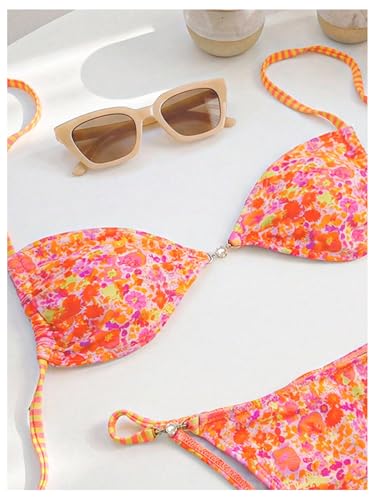 Image of RoseSeek Women's Floral Print Cheeky Bikini Sets Pearl Decor Halter Triangle High Cut String Thong Swimsuits
