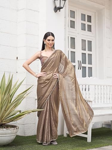 Image of Womanista Women's Ready to wear Two tone camel brown and gold colored saree with embellished lace(TI7074 Camel Brown Onesize)