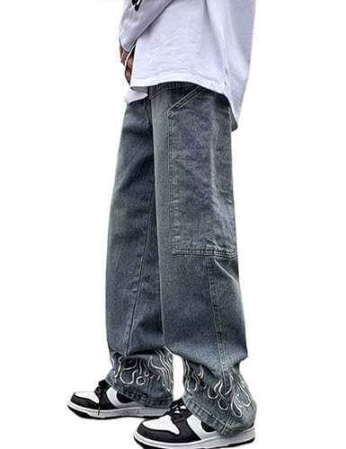 Men's Y2K Jeans Vintage Hip Hop Baggy Denim Pants Loose Fit Flame Graphic Streetwear Jeans Trousers