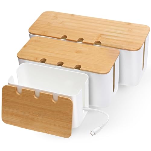 YADOBIG 3 Pezzi Scatola Porta Cavi, Scatola Nascondi Cavi con Coperchio in Legno Perforato, Scatole Copri Fili e Prese per Nascondere Prese e Cavi, Tre Misure, Grande, Media e Piccola, Bianco