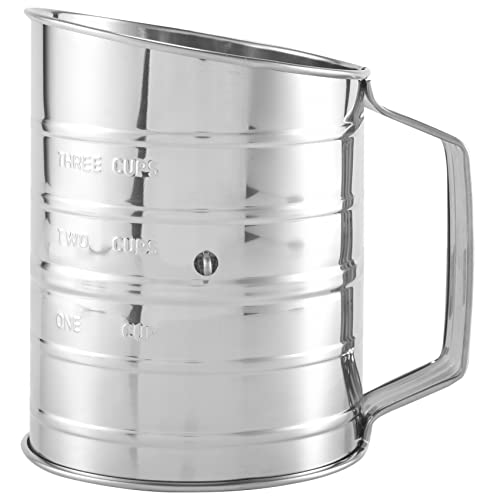 Diheohg Colador de harina de acero inoxidable de 3 tazas, colador de harina de manivela giratorio de malla fina con lazo de alambre agitador para hornear pasteles