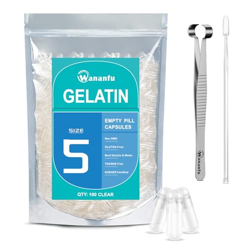 wananfu Size 5 Empty Capsules Gelatin (100 Count) Bundle with Capsule Tweezer and Micro Lab Spoon Clear Fillable Gel Pill Capsules Size 5 for Making Your Own Supplements