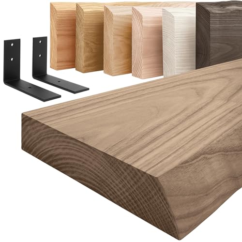 LAMO Manufaktur Estantería de Pared con Soportes Negros en Forma de L | Estantería 80 cm Madera para salón, Cocina, Estudio Estilo Industrial | Color: Nogal, Borde: Natural | Madera Maciza