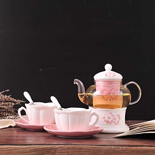 Tee-Set für 2 Personen, Knochenporzellan, Teekanne, Tasse und Untertasse, Set mit Stövchen und Tee-Ei, Kirschblüten-Design (Glas-Teekanne)