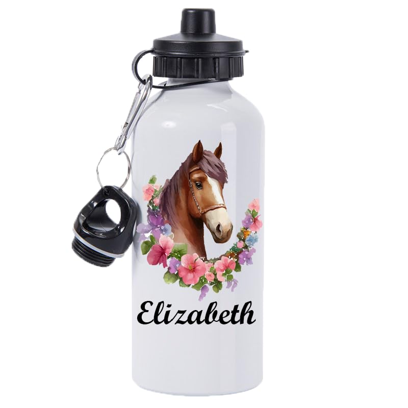 Pickhut Horse water bottle personalised with name pony horse riding gift for girl 600ml water bottle school equesterian gift for her (Design 1)