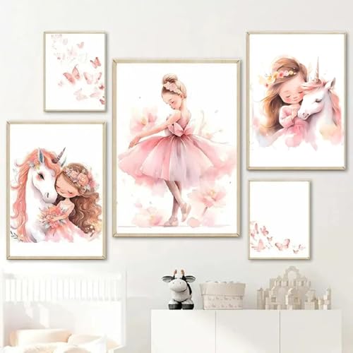 BeiYiHo Affiche Chambre Fille Rose 21x30cm Tableau Danseuse Classique Toile Poster Danseuse Ballerine Licorne Chambre Fille Papillon Rose Decoration Chambre Fille Ado...