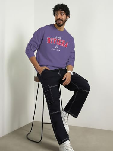 Image of Nobero Men's Graphic Printed Oversized Sweatshirt | Cotton Rich Fleece Round Neck Pullover | Relaxed Fit Casual Winter Wear for Men